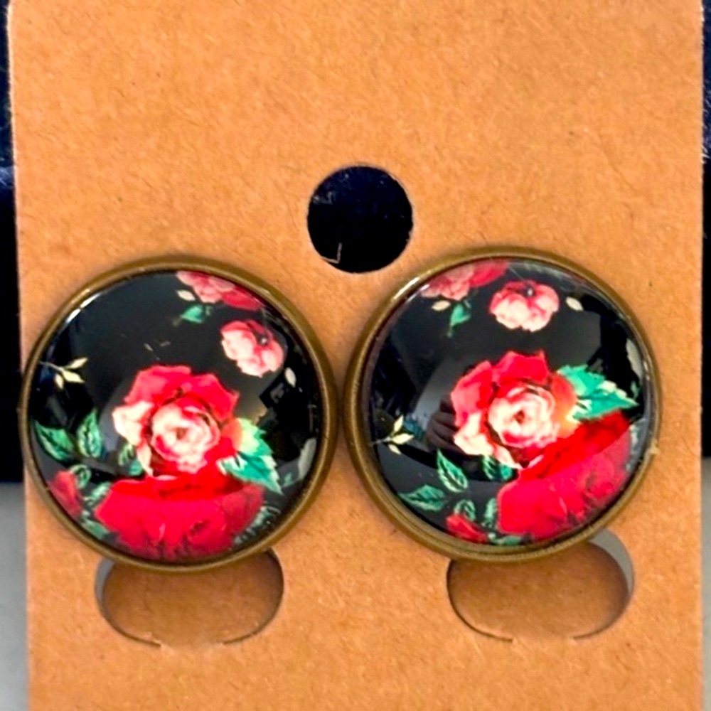 16mm Floral Print Clip-On Earrings, Unworn, NWT, Handmade